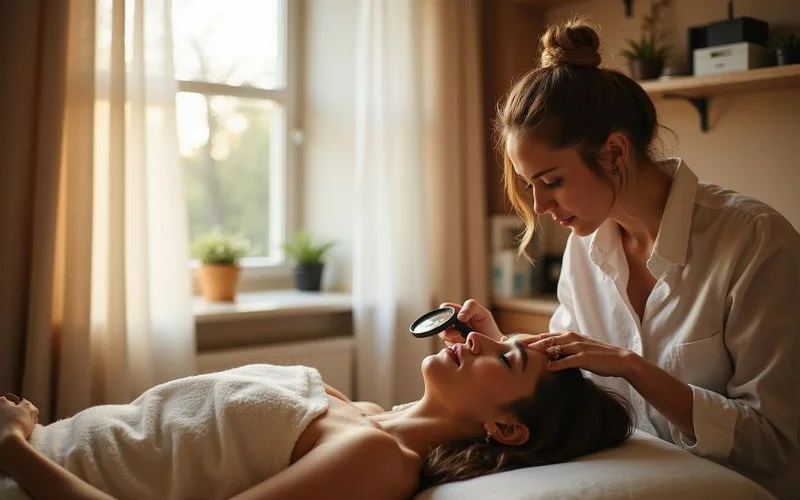 Esthéticienne professionnelle analysant la peau du visage d'une cliente avec une loupe dans une cabine de soins luxueuse